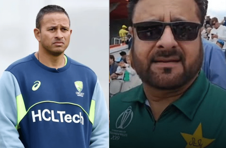Usman Khawaja reacts after fan asked to cover Pakistan jersey during India-England Test